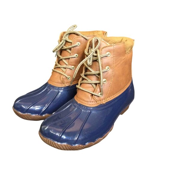 Adrienne Vittadini Girls Duck Boots Blue Brown Size 4 Rain Shoes - Picture 1 of 9